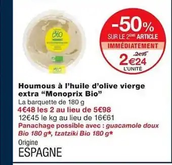 Monoprix Houmous à l'huile d'olive vierge extra offre