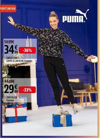 Intersport Sweatshirt zippé à capuche femme puma, pantalon femme puma offre
