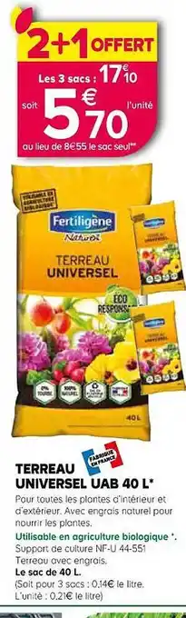 Jardiland Terreau universel uab 40l fertiligène offre