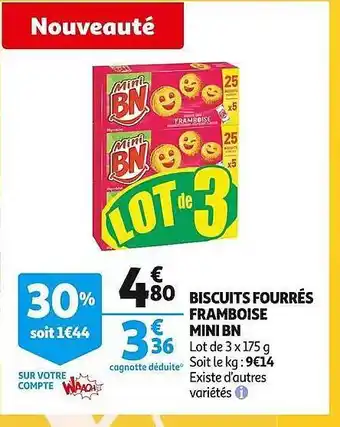 Auchan Biscuits fourrés framboise mini bn offre