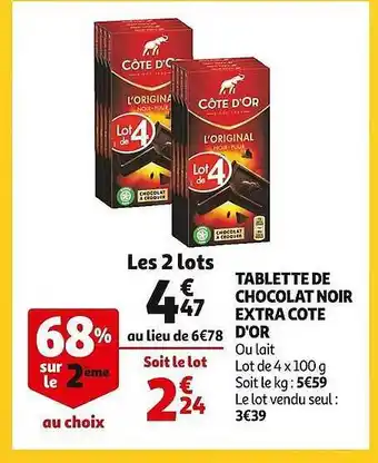 Auchan Tablette de chocolat noir extra côte d'or offre