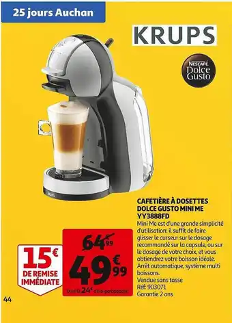 Auchan Cafetière à dosettes dolce gusto mini me yy3888fd krups offre