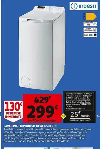Auchan Lave-linge top indesit btwl7220fr-n offre