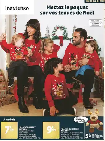 Auchan Pull bébé ou enfant inextenso, pull femme ou homme inextenso, peluche renne de noël inextenso offre