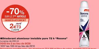 Monoprix Rexona déodorant atomiseur invisible pure 72 h offre