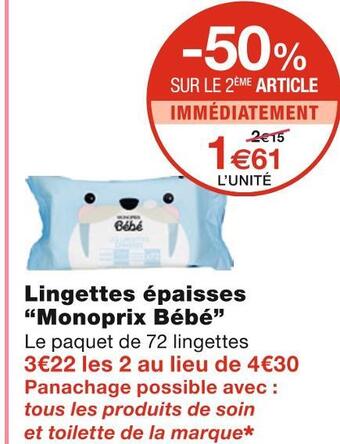 Monoprix Monoprix bébé lingettes épaisses offre