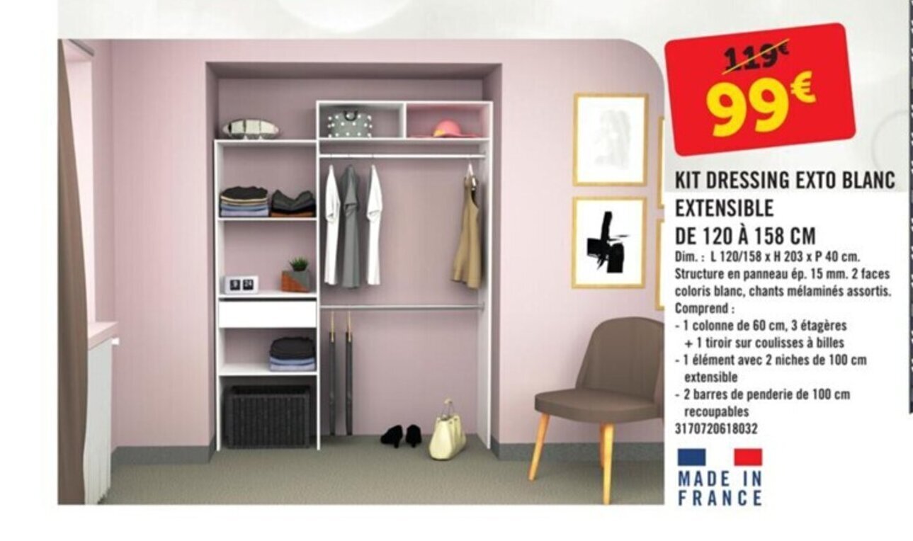 Promo Kit dressing exto blanc extensible de 120 à 158 cm chez E.Leclerc