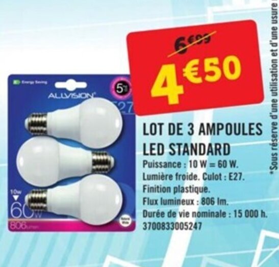 Promo Lot de 3 ampoules led standard chez E.Leclerc Brico