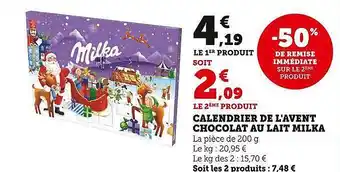 Super U Calendrier de l'avent chocolat au lait milka offre