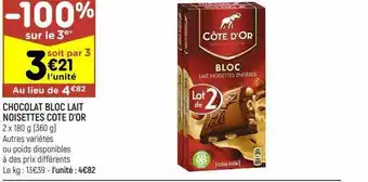 Leader Price Chocolat bloc lait noisettes côte d'or offre