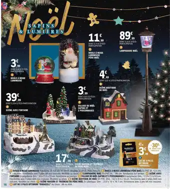 E.Leclerc Boule à neige lumineuse père noël, lampadaire noël, boule à neige lumineuse, scène avec fontaine, scène boutique de noël, vil offre
