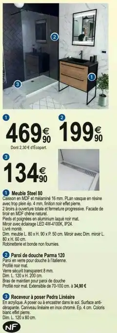 Tridôme Meuble steel 80, paroi de douche parma 120, receveur à poser pedra linéaire offre