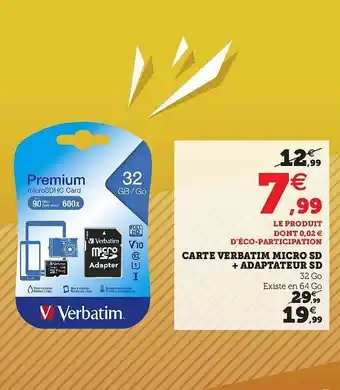 Carte Verbatim Micro Sd + Adaptateur Sd