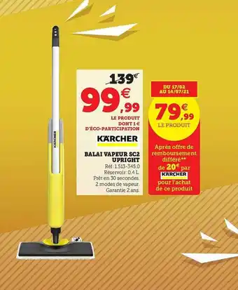 Hyper U Balai Vapeur Sc2 Upright Kärcher offre