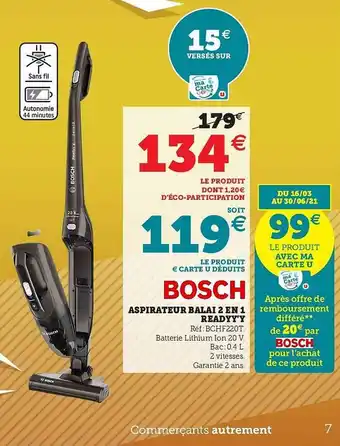 Hyper U Aspirateur Balai 2 En 1 Readyy's Bosch offre