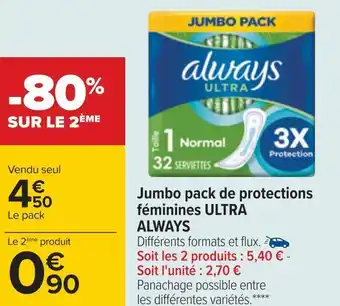 Carrefour Ultra always jumbo pack de protections féminines offre