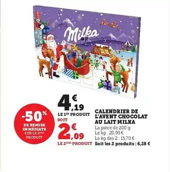 Hyper U Calendrier de l'avent chocolat au lait milka offre
