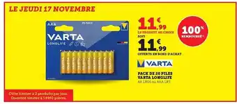 Hyper U Pack de 20 piles varta longllife offre