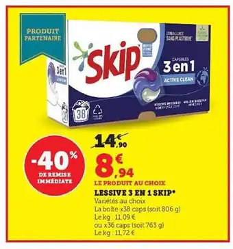 Hyper U Lessive 3 en 1 skip offre