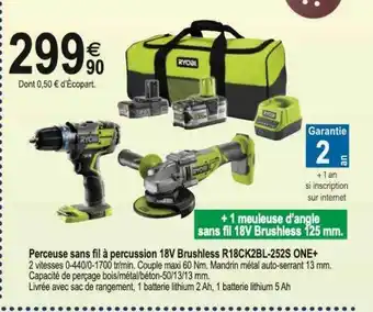 Tridôme Perceuse sans fil à percussion 18v brushless r18ck2bl-252s one+ offre