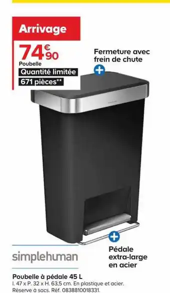 Castorama Poubelle à pédale 45l simplehuman offre