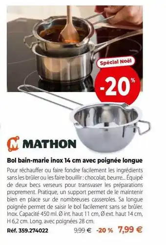 Mathon Bol bain-marie inox 14 cm avec poignée longue mathon offre