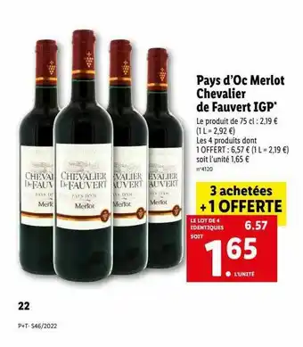 Lidl Pays d'oc merlot chevalier de fauvert igp offre