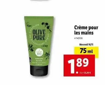 Lidl Crème pour les mains olive pure offre