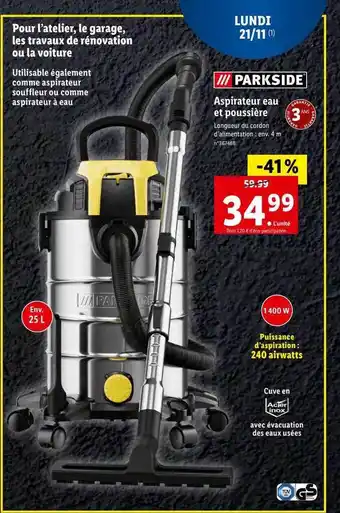 Lidl Aspirateur eau et poussière parkside offre