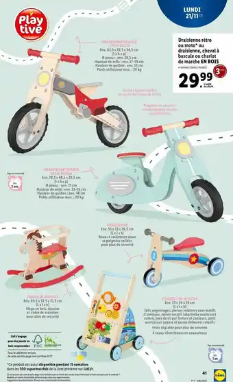 Lidl Draisienne rétro ou moto* ou draisiènne cheval à bascule ou chariot de marche en bois playtive offre