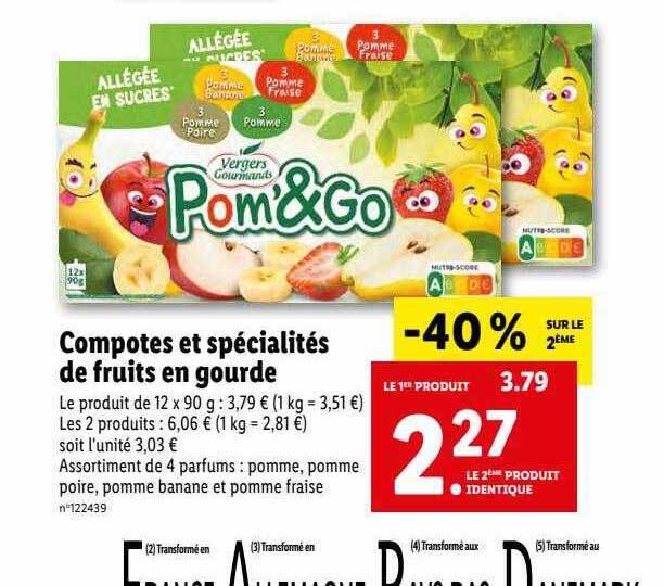 Promo Compotes et spécialités de fruits en gourde 40 sur le 2ème chez Lidl