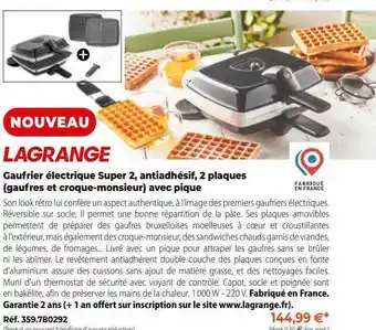 Mathon Gaufrier électrique super 2, antiadhésif, 2 plaques (gaufres et croque-monsieur) avec pique lagrange offre