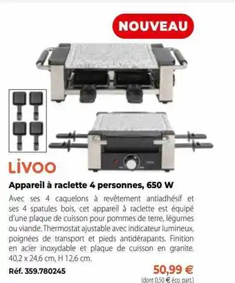 Appareil à raclette 4 personnes, 650 w livoo