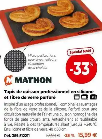 Mathon Tapis de cuisson professionnel en silicone et fibre de verre perforé offre