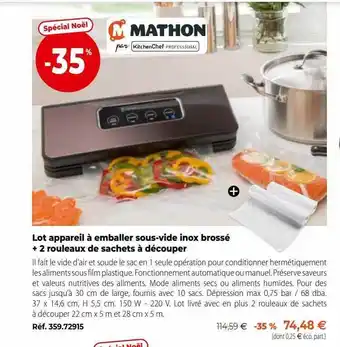 Mathon Lot appareil à emballer sous-vide inox brossé + 2 rouleaux de sachets à découper offre