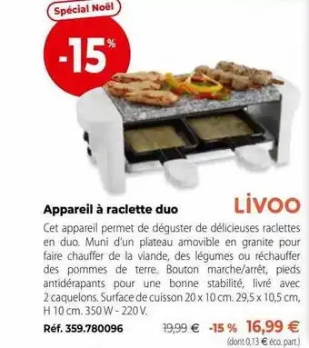 Mathon Appareil à raclette duo livoo offre