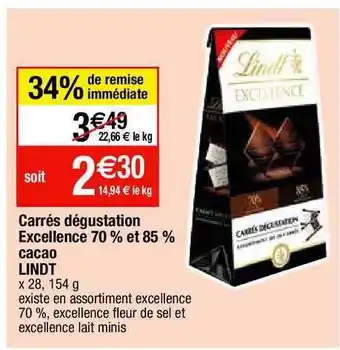 Migros Carrés dégustation excellence 70% et 85% cacao lindt offre