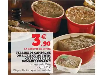 Super U Terrine De Campagne Ou à L'ail Ou Au Thym Charcuterie Le Domaine Picard offre