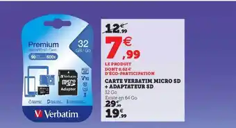 Super U Carte Verbatim Micro Sd + Adaptateur Sd offre