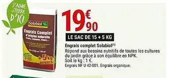 Gamm vert Engrais complet solabiol le sac de 15+5 kg offre