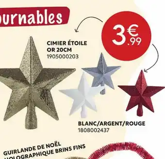 Maxi Bazar Cimier étoile or 20 cm, blanc-argent-rouge, guirlande de noël holographique brins fins offre