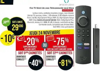 Géant Casino Amazon alexa fire tv stick lite avec télécommande vocal alexa offre