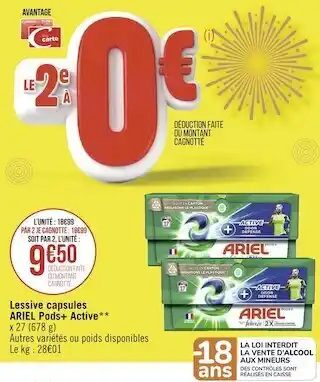 Géant Casino Ariel lessive capsules pods+ active offre