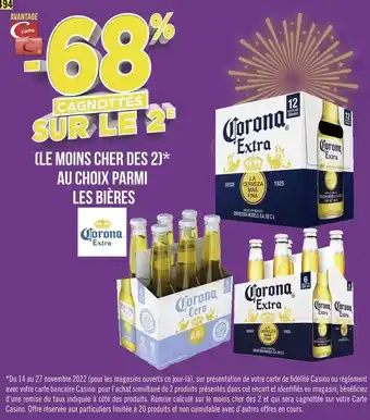 Géant Casino Corona extra -68% cagnottés sur le 2e parmi les bières de la marque corona extra offre