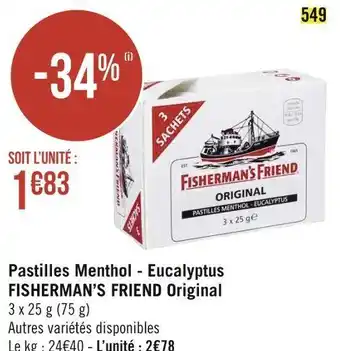 Géant Casino Fisherman’s friend pastilles menthol - eucalyptus original offre