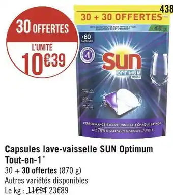 Géant Casino Sun capsules lave-vaisselle optimum tout-en-1* offre