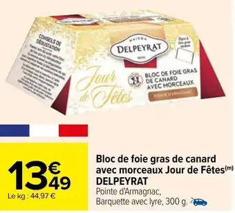 Carrefour Bloc de foie gras de canard avec morceaux jour de fêtes DELPEYRAT offre
