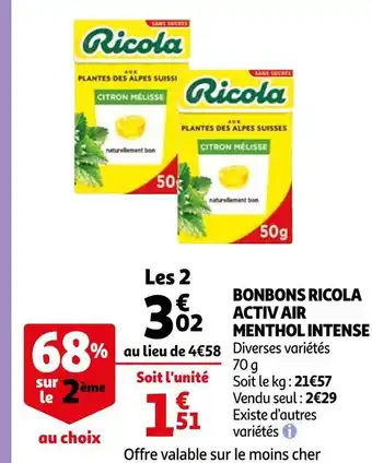 Auchan Ricola bonbons activ air menthol intense offre