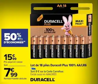 Carrefour Lot de 18 piles duracell plus 100% AA/LR6 offre