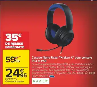 Carrefour Razer casque filaire razer "kraken x" pour console ps4 et ps5 offre